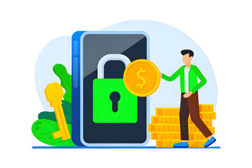 Fintech Cyber Defense A person stands by a locked smartphone, holding a coin, symbolizing secure mobile banking and digital finance.