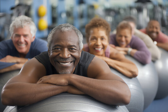 Smiling senior adults resting on exercise balls in a gym, enjoying a group fitness session with a cheerful and relaxed atmosphere