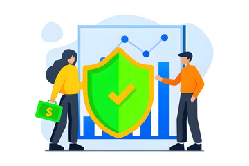 Fintech Cyber Defense Two people stand by a large shield with a checkmark, representing financial security and data protection.