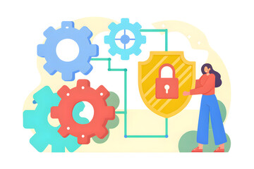Fintech Cyber Defense Illustration of a woman securing gears with a shield and padlock symbolizing data protection.