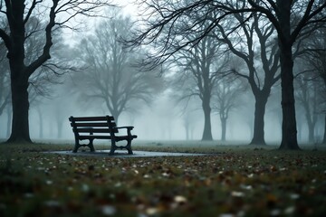 Bench in Foggy Park A Peaceful Retreat Serene Landscape Scene