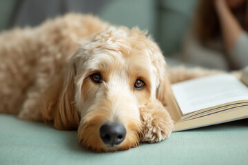 A fluffy golden doodle dog lies on a couch with its head resting near an open book, gazing softly at the camera with soulful brown eyes in a cozy indoor setting