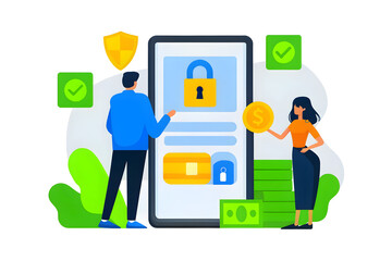 Fintech Cyber Defense Two people manage secure online payment on a large smartphone with financial icons.
