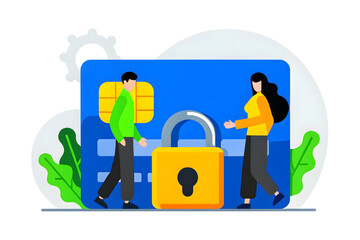Fintech Cyber Defense Two people stand by a credit card with a padlock, symbolizing secure online payment and data protection.