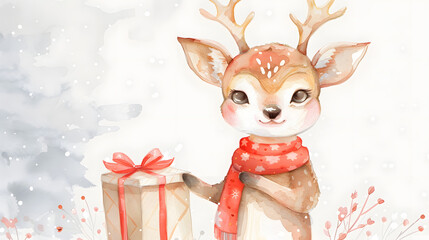 watercolor painting cute baby deer holding a gift box