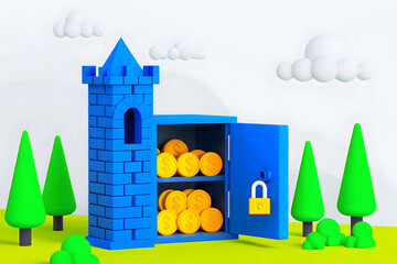 Fintech Cyber Defense A stylized blue castle vault filled with gold coins stands among trees in a whimsical landscape.