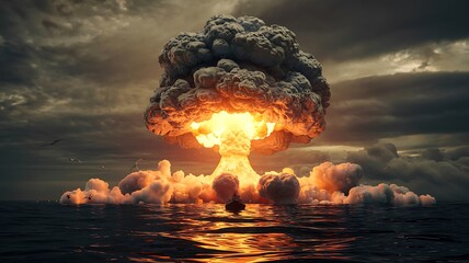Massive nuclear mushroom cloud explosion erupting from the ocean surface with fiery debris and dramatic stormy sky