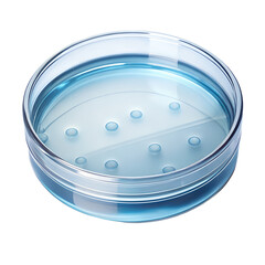 Petri dish filled with blue liquid and small bubbles, used in scientific research, isolated on transparent background