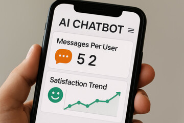 AI chatbot screen showing messages per user and satisfaction trend on smartphone