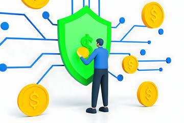 Fintech Cyber Defense A person stands by a shield symbol protecting money, representing financial security and protection.