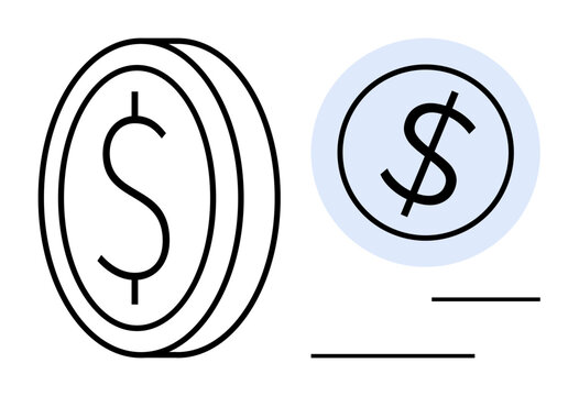 Dollar coin illustration with currency symbol and circular accent. Ideal for finance, investment, budgeting, economy, savings, currency exchange, and business. Bold simple flat metaphor