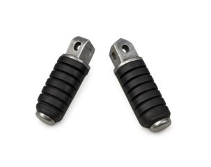 Pair of motorcycle foot pegs with textured rubber grips and metal mounting brackets isolated on transparent background
