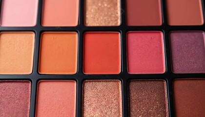 Fototapeta premium Close-up of eyeshadow palette featuring vibrant color spectrum. Includes matte, shimmering shades of pink, orange, coral, brown. Ideal for creative makeup application, beauty trends, artistic
