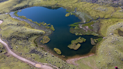 Drone capturing breathtaking Kocduzu Highland lake in Rize, Turkiye