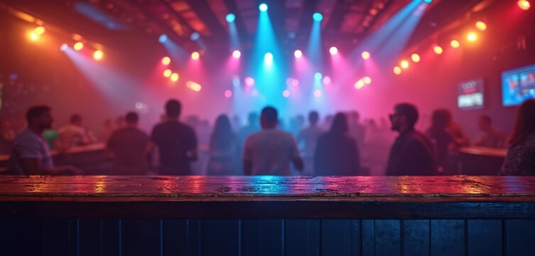Nightclub bar scene with vibrant modern ambiance. Colorful nightlife atmosphere provides party, excitement with neon glow, entertainment. Nightlife social gathering with blurred background, lounge