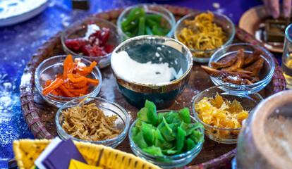 Traditional jams and cakes in Hue, Vietnam. Jams are made from tubers and fruits coated with sugar, mixed with tapioca starch and cut into slices to enjoy with warm tea with rich Hue flavor