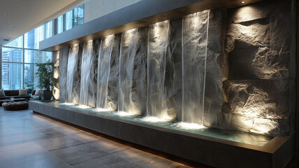 Indoor waterfall feature with stone wall