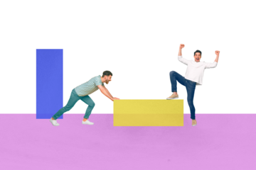 Collage creative image illustration excited powerful successful young men push carry figure sketch unusual colorful cell background