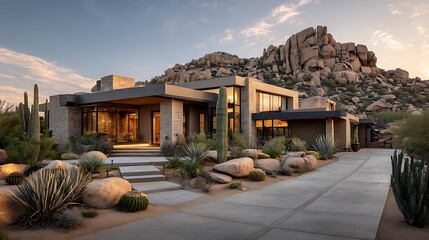 Architectural harmony modern desert residence nestled amidst rugged boulder landscape