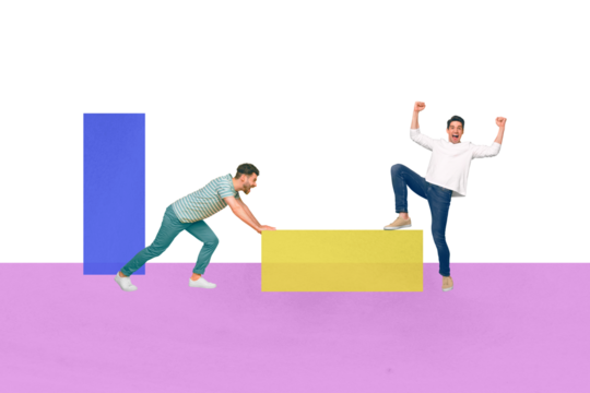 Collage creative image illustration excited powerful successful young men push carry figure sketch unusual colorful cell background