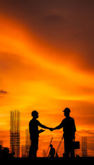 Fototapeta premium Construction professionals exchanging documents against a fiery sunset sky