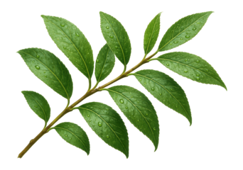 Dewy green willow branch leaves showcasing nature's freshness.