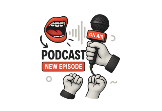 Creative podcasting concept featuring an open mouth with teeth a microphone with an on air sign and fists raised isolated on transparent background