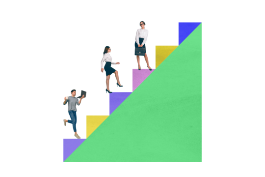 Horizontal photo collage picture of diligent motivated people run go work hard look forward climb stairs upwards on checkered background