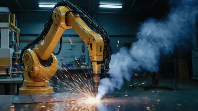 Yellow robotic arm welding with sparks and smoke in a modern industrial factory