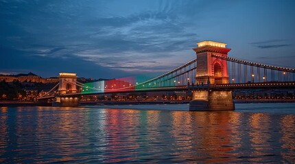 Budapest Chain Bridge at Night with Hungarian National Colors in the Sky. Saint Stephen's Day