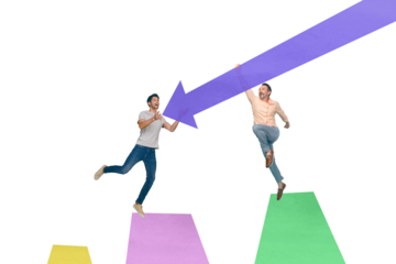 Horizontal poster collage photo with two motivated business men trying to catch reach arrow currency stats startup on checkered background