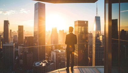 Obraz na płótnie Canvas Businessman Standing on Rooftop Overlooking City Skyline at Sunset Wearing Formal Attire