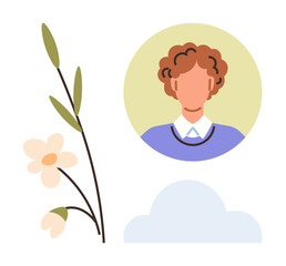 Portrait of a person in a simple circular frame, paired with a branch of flowers and a soft blue cloud. Ideal for personal branding, nature themes, mindfulness, introspection, serenity, positivity