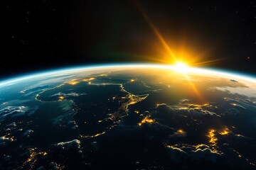 Obraz premium Earth Sunrise from Space Breathtaking Planetary View of Africa