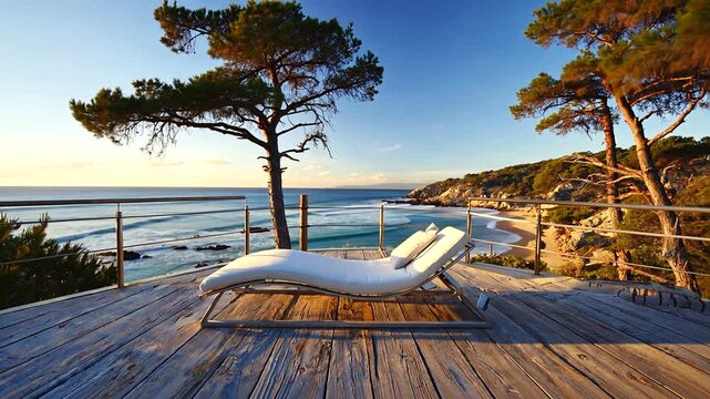Serene beachside view with lounge chair overlooking tranquil waves and lush trees at sunset