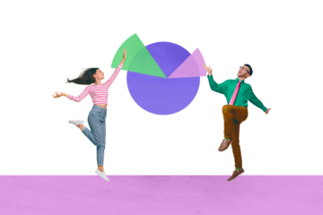 Creative collage picture illustration young cheerful happy charm man woman jump go teamwork analysis data diagram exclusive template