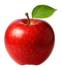 Fresh ripe red apple with an attached leaf.