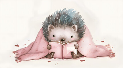 watercolor painting cute baby hedgehog reading book