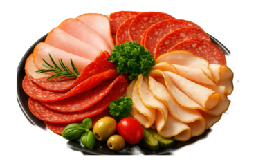 Platter with sliced ham, salami, turkey, garnishes, and accompaniments.