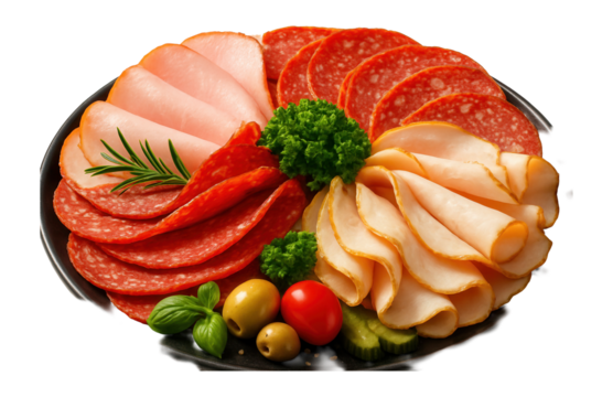 Platter with sliced ham, salami, turkey, garnishes, and accompaniments.