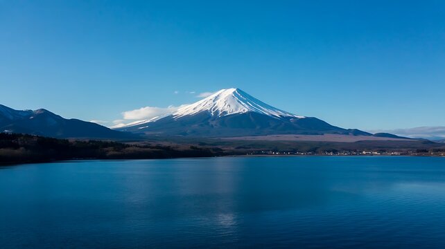 Majestic snow capped mountain peak reflected in a calm deep blue lake under a clear bright sky - Powered by Adobe