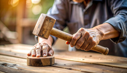 Close Up Of Carpenter Hands Using Wooden Mallet On Wood in Natural Light