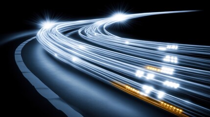 Abstract light trails symbolize connectivity, high speed data transmission and technological
