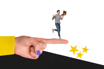 Trend artwork sketch composite 3D photo collage of young guy hold laptop in hand walk on huge hand finger point direction move strategy