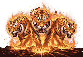 Fiery Golden Tiger with Glowing Red Eyes Walking on Burning Coals