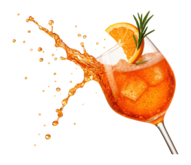 Aperol spritz cocktail spilling from a falling glass.