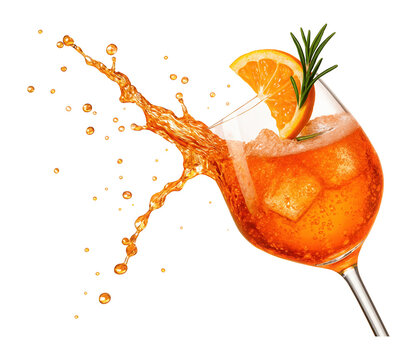 Aperol spritz cocktail spilling from a falling glass.