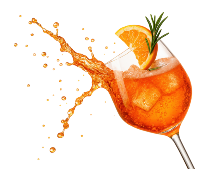 Aperol spritz cocktail spilling from a falling glass.