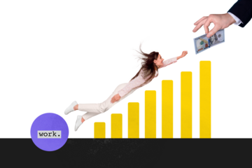 Sketch image composite trend artwork 3D photo collage of young office manager lady get salary fly like superman success grouth earn money