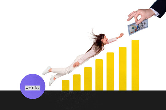 Sketch image composite trend artwork 3D photo collage of young office manager lady get salary fly like superman success grouth earn money